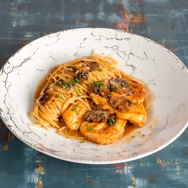 Chicken and mushroom pasta with a creamy sauce, garnished with parsley, served in a white bowl.
