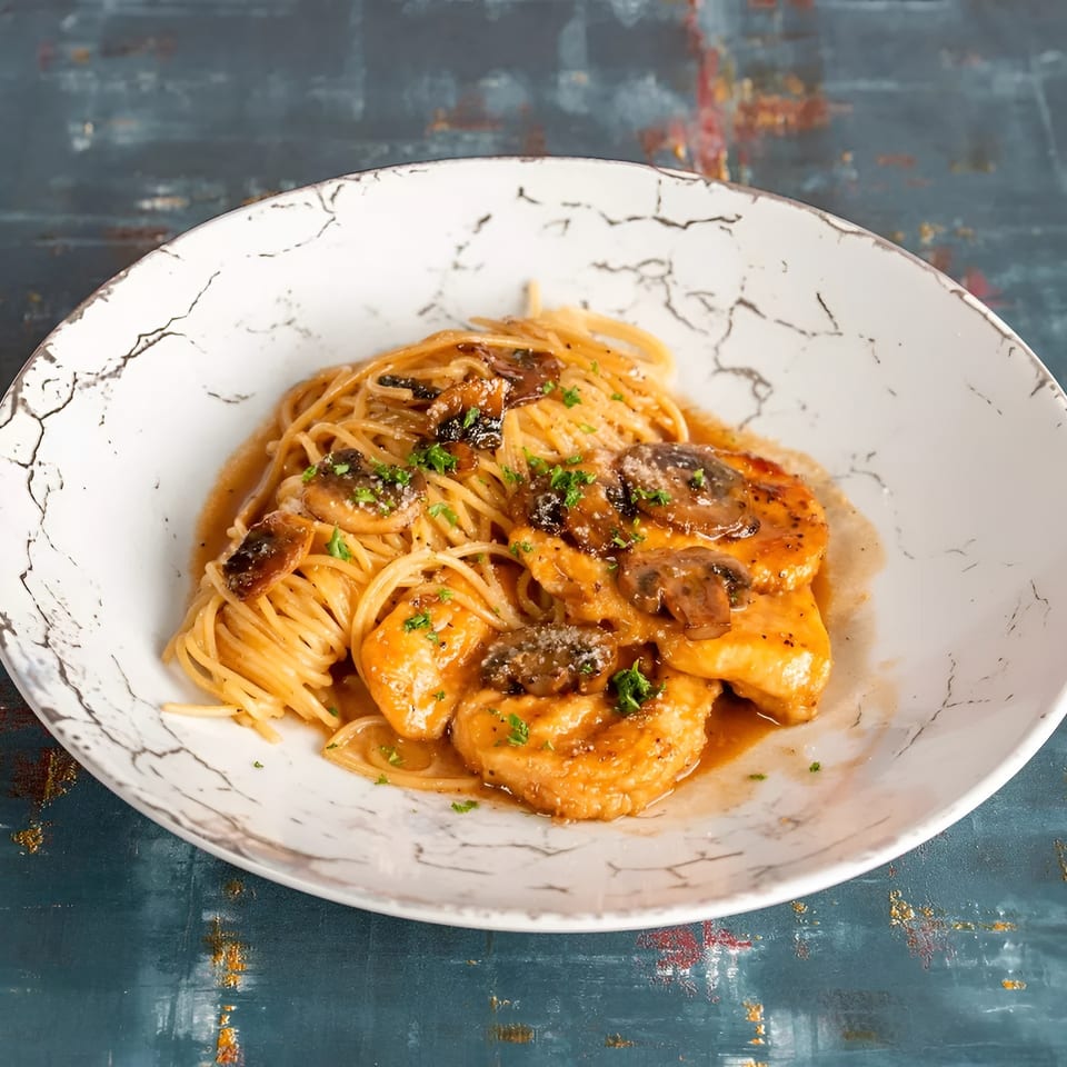 Chicken and mushroom pasta with a creamy sauce, garnished with parsley, served in a white bowl.
