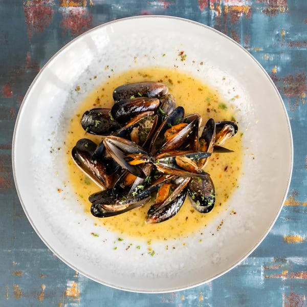 Steamed mussels in a creamy broth, garnished with fresh herbs, served in a white bowl.