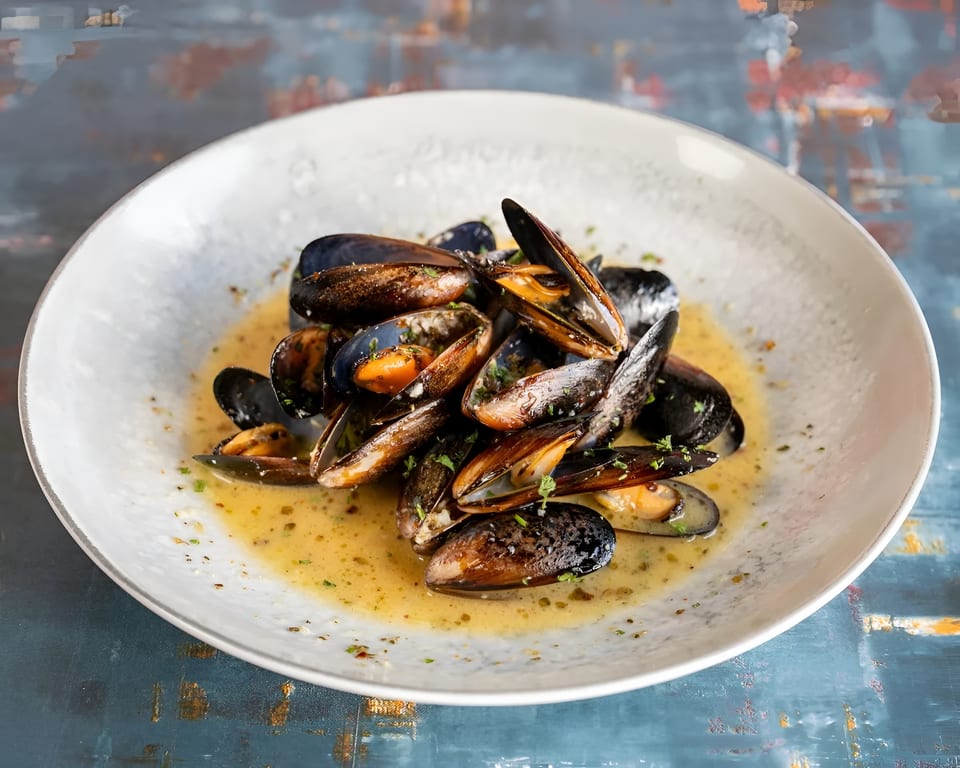 Steamed mussels in a creamy broth, garnished with fresh herbs, served on a white plate.